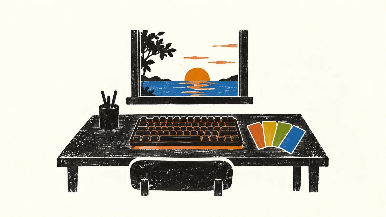 A desk with a keyboard backlit in warm orange, a fan of orange, yellow, green, and blue swatch cards, and a sunset in the window